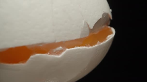 Tavuk Yumurtası Üzerinde Kırık Bir Kabuk Siyah Arka Planda Makro — Stok video