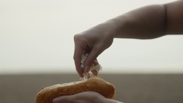 Gotujemy Hot Dogi Plaży Posypać Startą Bułkę Serową Wierzchu — Wideo stockowe
