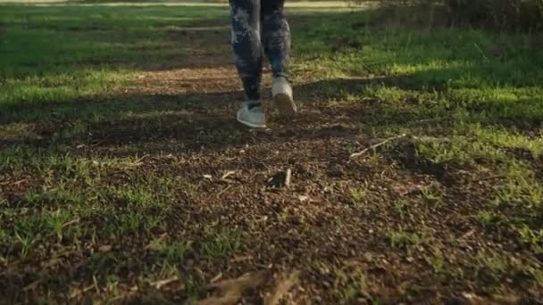 レギンスとスニーカーの若い女性は森の粗い草の上を歩き 脚の景色 — ストック動画