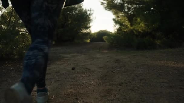 一个年轻的女人在日落时沿着森林的小径奔跑 在森林里嬉戏 慢动作 — 图库视频影像