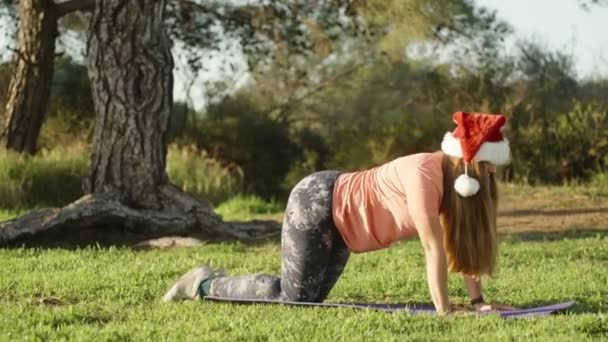 Молодая Женщина Лесу Ковре Позе Собаки Делает Упражнения Ноги Красной — стоковое видео