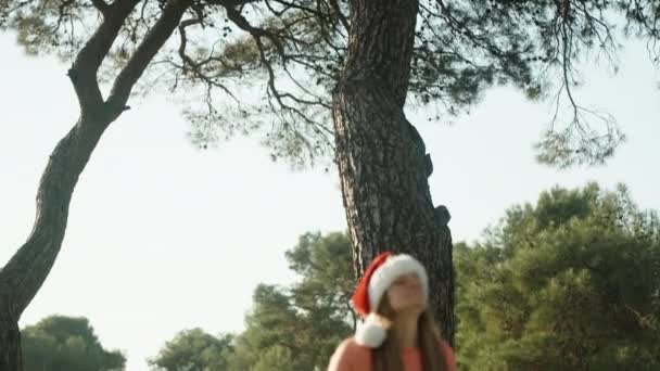 Een Warme Dag Met Kerstmis Het Bos Een Jonge Vrouw — Stockvideo