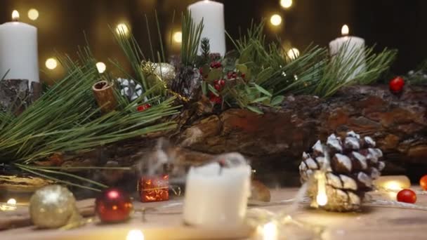 Decoraciones Juguetes Del Árbol Navidad Apago Vela Acerco Más Hermoso — Vídeos de Stock