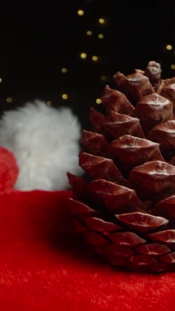 Dikey Video Noel Baba Nın Şapkasının Üzerinde Bir Çam Kozalağı — Stok video