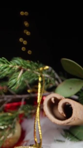Vídeo Vertical Pequenas Decorações Natal Bagas Paus Canela São Colocados — Vídeo de Stock