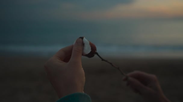 Młoda Kobieta Smażone Pianki Wybrzeżu Zachód Słońca Wyrywa Kawałek Liże — Wideo stockowe