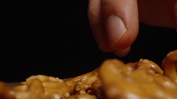 Handful Salted Mini Pretzels Take Handful Extreme Close Slow Motion — Stock Video