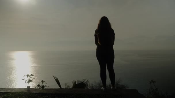 Sylwetka Młodej Kobiety Długimi Włosami Patrzy Góry Morze Góry Zachód — Wideo stockowe