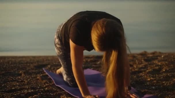 Фітнес Вранці Пляжі Біля Моря Молода Жінка Позі Собаки Робить — стокове відео