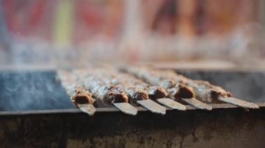 Kömürün üzerine gömmek için şişte et. Kebap yakın plan. Tüttür. Sokak yemeği..