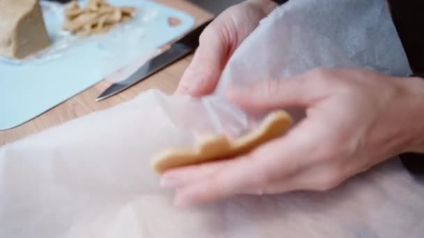 Woman Transfers Gingerbread Man Baking Sheet Lined Parchment Paper — Stock Video