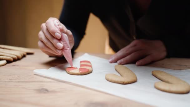 Homemade Gingerbread Cookies Shape Candy Canes Christmas Woman Covers Them — Stock Video