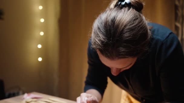 Новогодняя Домашняя Обстановка Молодая Женщина Украшает Пряничное Печенье Глазурью — стоковое видео