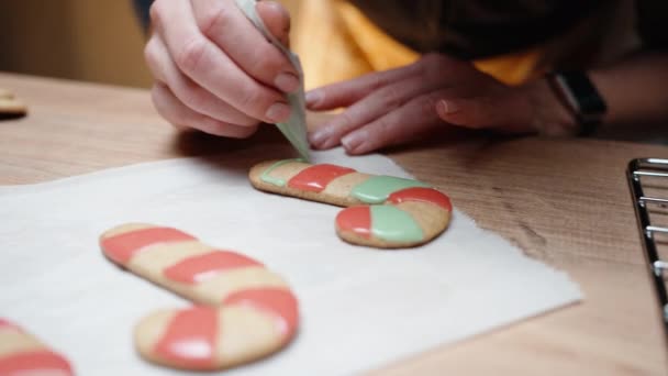 Uma Mulher Está Canalizando Cobertura Colorida Biscoito Gengibre Saco Pastelaria — Vídeo de Stock