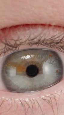 Genç bir kadının gözü, zoom. Dolly sürgülü aşırı yakın çekim içeride. Laowa Sondası Dikey Video.