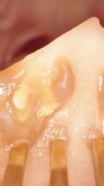 フォークでトマトを食べる若い女性 中のドリースライダー極端なクローズアップ ラオス プローブ ビデオ — ストック動画
