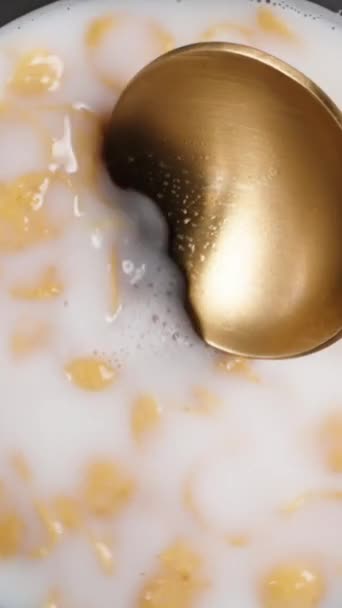 小麦フレーク付きのミルクプレート スプーンで食べる オリー スライダーが近づいた スローモーション 垂直ビデオ — ストック動画