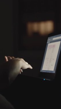 Gece, yatağında dizüstü bilgisayarı olan genç bir kadın. Pencerenin karşısındaki Dikey, Sosyal Ortam.