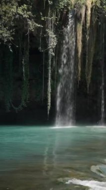 Şelale bir dağ nehrine akar. Güneş, turkuaz suyu aydınlatır. Dikey, Sosyal Ortam