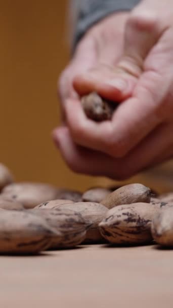 Det Handfull Pekannötter Ett Träbord Mannen Bryter Deras Händer Och — Stockvideo