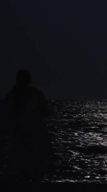 Okyanus kıyısındaki bir gece sahilinde genç bir kadının silueti. Suya doğru yürüyor, Dikey, Sosyal Medya