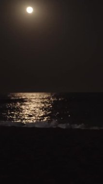 Elbise giymiş genç bir kadın kumsalda deniz kenarında oturur ve akıllı telefona bakar. Suda ay ışığı, Dikey, Sosyal Medya