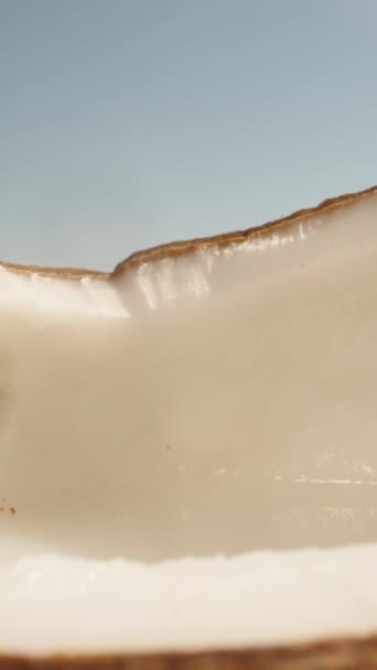 Eine Halbe Kokosnuss Ich Trinke Kokoswasser Mit Einem Strohhalm Schneeweißes — Stockvideo