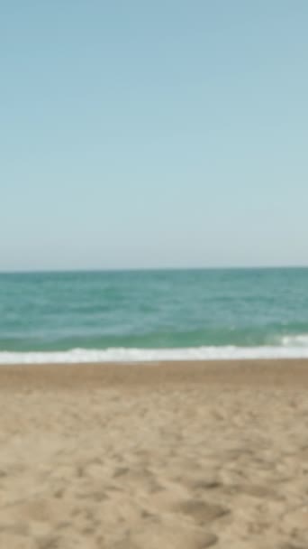若い女性はビーチでサンクリームで鼻を塗りました 海はメガネに映っている サンド ビッグウェーブ ドリー 垂直に ソーシャルメディア — ストック動画