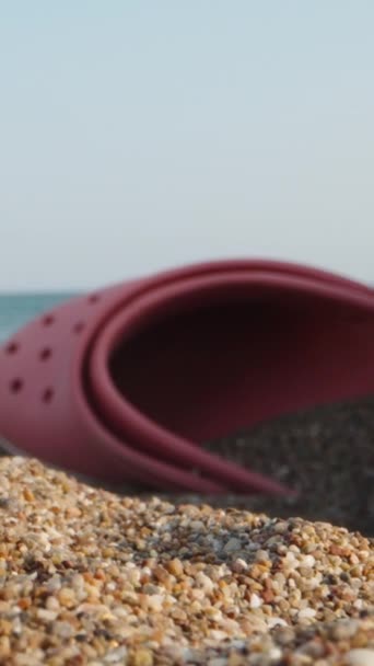 Dingen Het Strand Aan Zee Door Roze Teenslippers Zonnebrillen Heb — Stockvideo