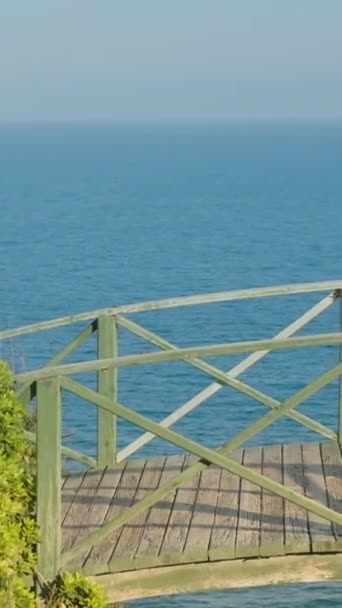 Holzbrücke Über Den Abgrund Das Meer Ist Hintergrund Gehen Sie — Stockvideo