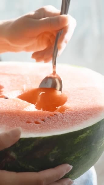 Camera Motion Young Woman Holds Large Watermelon Eats Spoon Closes — Stock Video