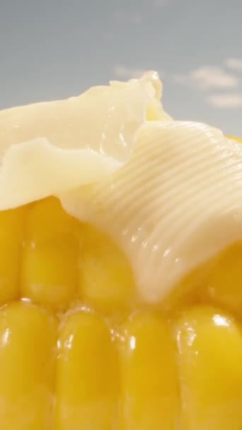 垂直に バターはホットトウモロコシから転がります コブを回しています クローズアップ マクロ マクロ — ストック動画