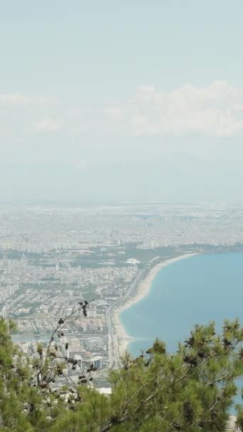 Vista Ciudad Mar Desde Cima Montaña Por Las Copas Los — Vídeo de stock