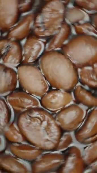 コーヒー豆を丸ごとローストし 飲み物に浮かび上がりました マクロ撮影 スローモーション 垂直ビデオ — ストック動画