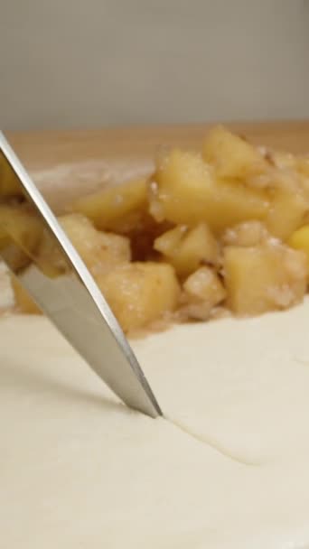 Ich Schneide Den Teig Kuchen Gefüllt Mit Quitten Und Walnüssen — Stockvideo