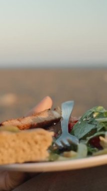 Sahilde romantik bir randevu, elinde bir tabak et ve salata tutan şarap içen genç bir kadın. Dikey video Sosyal Ortamı