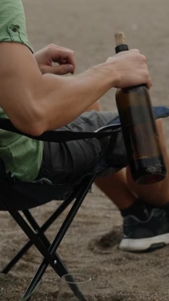 Plajda Piknik Sandalyede Oturuyorum Bir Şişe Şarap Kumsalda Bir Bardak — Stok video