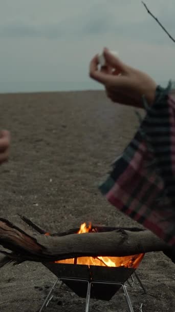 Alacakaranlık Sahilde Piknik Genç Bayana Lokum Verdim Çubuğa Koydu Dikey — Stok video