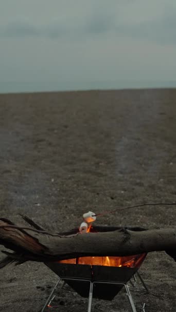 Picnic Sulla Spiaggia Tramonto Friggiamo Marshmallow Sul Fuoco Video Verticale — Video Stock