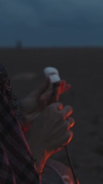 海でビーチでナイトピクニック 平野にいる若い女性が 棒に2頭のマシュマロを植え それらを凍らせ始める 垂直ビデオ ソーシャルメディア — ストック動画