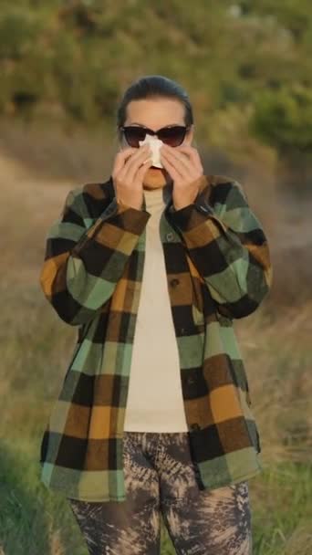 Young Woman Plaid Shirt Woods Blowing Her Nose Handkerchief Vertical — Stock Video