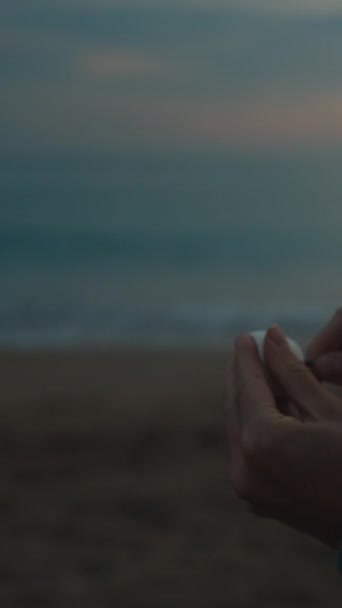 日落时海边的野餐和篝火 这个年轻的女人把棉花糖放在棍子上煎 垂直视频社交媒体 — 图库视频影像
