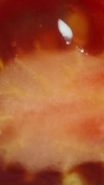 一片樱桃番茄在黑色的背景上旋转 多莉滑行极端特写 顶部视图 垂直视频社交媒体 — 图库视频影像