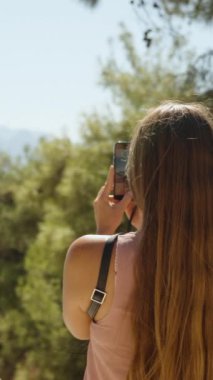 Çam ormanındaki genç bir kadın dağları telefonla izliyor. Sunny Weather.Dikey video sosyal medya