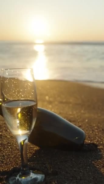 Deniz Kıyısındaki Kumların Üzerinde Boş Bir Şişe Şampanya Dikey Video — Stok video