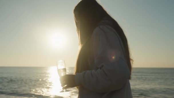 Lonely Young Woman Walks Seashore Sunrise Glass Champagne — Stock Video