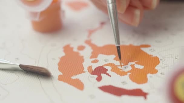 Девушка Рисует Картину Цифрами Области Определенных Цветов Крупным Планом — стоковое видео
