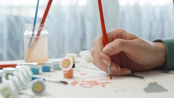 Brush Jar Water Girl Paints Pictures Numbers Close — Stock Video