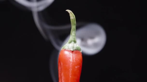 Tip Red Pepper Rotates Black Background Burns Smoke Close — Stock Video