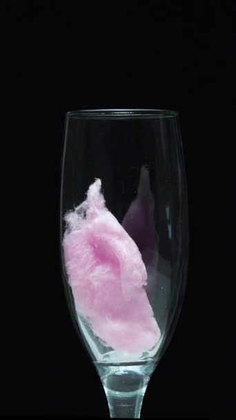 Romantic Drink Put Pink Cotton Candy Glass Pour Champagne Black — Stock Video